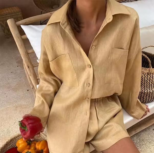 Damen Leinen Bluse mit Knopfleiste