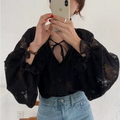Damen Spitze Bluse mit Schleife
